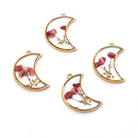 4PCS Gold Tone Real Dry Pressed Flower Resin Crescent Moon Charm Pendant GBY1302