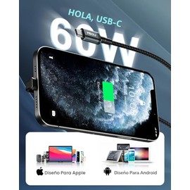 Cable USB C de 3.3 pies, cargador tipo C de 60 W, carga rápida, cable USB C trenzado de nailon en ángulo recto, cargador de cable C de 90 grados para 
