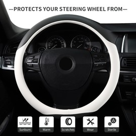 Microfiber Leather 15" Universal Fit Car Steering Wheel Cover, Elastic Nonslip Breathable and Odorless, Grey & White