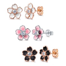 925 Sterling Silver Stud Earrings, Cute Flower Ear Studs for Women, White/Black/Rose Gold Plated, Stud Earrings Jewelry Gift (3pcs)