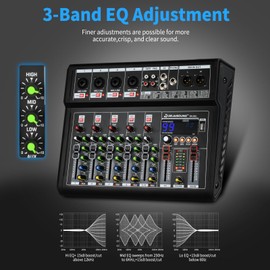 6-Channel Audio Mixer for PC, SX-6iu Mixing Console with XLR Inputs, Bluetooth, 99 Digital Signal Processor Effects, USB Interface, MP3 Compatible for Podcast, Music, Recording 9.84"x2.17"x12.6"inches