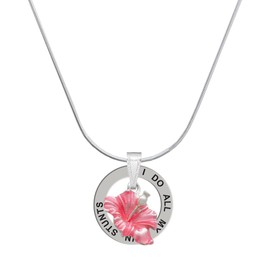 Delight Jewelry Silvertone Hot Pink Hibiscus Flower - I Do All My Own Stunts Ring Charm Necklace, 18"