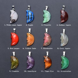 LHJ 10 Pcs Natural Stone Pendants Moon Shape Vivid Face Carved Healing Quartz Crystal Gemstone Charms for Jewelry Making Necklace Gift