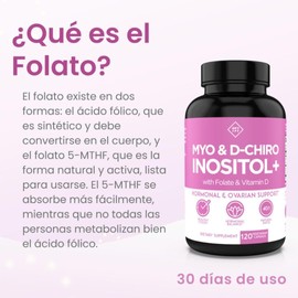 Suplemento de Inositol con Myo-Inositol, D-Chiro Inositol, Folato y Vitamina D – 40:1 – Apoyo Nutricional para la Mujer – 30 Días – Vitamina B8