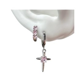 Y2K Punk Cross Earrings - Sparkling Stainless Steel Hoop Earrings for Double Ear Piercings pink