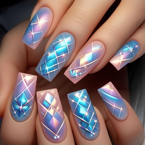 LOPMNGHT Press on Nails Medium Square Colorful Smudge Stripes Pattern