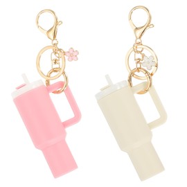 PATIKIL Mini Tumbler Keychain, 2Pcs Mini Cup Keychain Lip Balm Holder Cute Charm Key Chain for Backpack Charm Women Purse Handbags, Pink, White Flower