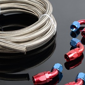 PIT66 AN10 16.4Ft Stainless Steel & Nylon Braided Fuel Line Hose + Fitting Hose End Adaptor Kit Silver (Tube OD: 21mm ID: 14mm)