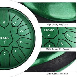 LEKATO Steel Tongue Drum, Mini Handpan Drum 6 Inch 11 Notes D Major, Alloy Steel Percussion Instruments for Meditation Yoga Musical Education, Ethereal Balmy Drum for Adult Beginner, Jade Green