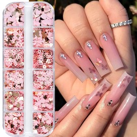 12 Grids Gold Pink Nail Glitter Sequins 3D Holographic Nail Glitter Flakes Butterfly Flower Leaf Nail Sequin Flakes Heart Rabbit Nail Charms for Women Nails Art Decorations