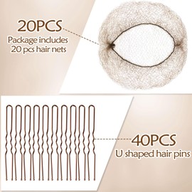 Hair Nets for Buns, Hair Bun maker 20 Pcs 50cm Individual Packaged Invisible Hair Nets and 40 Pcs U Shaped Hair Clip Set for Women Girls Ballet Dancer Flight Attendant Nurse