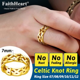 FaithHeart Gold Celtic Knot Rings Men Yellow Golden Plated Stainless Steel Wedding Band Finger Charms Accessory Size 7