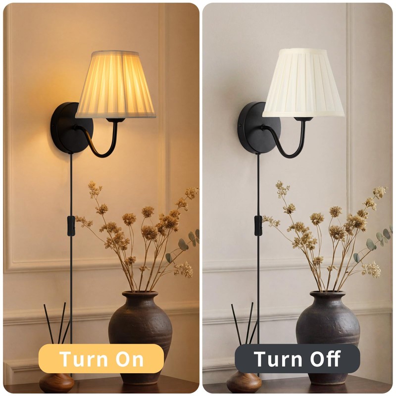 Plug in Wall Sconces with White Fabric Shades, Black Wall