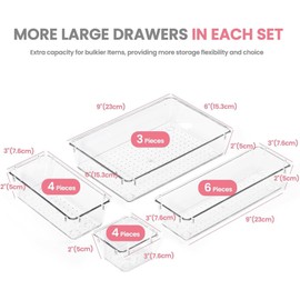 HOUSE DAY Makeup Drawer Organizer Trays 17 PCS, 4-Size Clear Drawer Organizers with Silicone Pads, Vanity Organizers and Storage, Non Slip Plastic Drawer Organizer for Desk, Bathroom, Kitchen, Office