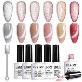 RARJSM Cat Eye Gel Nail Polish Set with Magnet Stick 9D Galaxy Velvet Silver Glitter Nude Purple Pink Red Champagne Gold Brown 6 Colors Ice Jelly Gel Polish UV LED Curing Requires Soak Off Home Salon