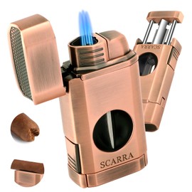 SCARRA Cigar Torch Lighter, Multi-Function 3-in-1 Cigars Lighter Gift for Men, Butane Lighters Built-in Cigar Holder & One-Touch Cigar Cutter V Cut, Windproof Triple Jet Flame Lighter for Men