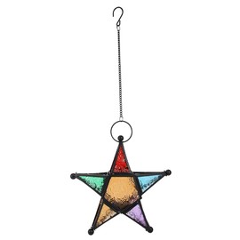 Moroco Iron Style Coloured Glasses Lantern Garden Outdoor Terrace Ornament(Black)