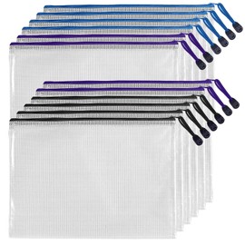 SAYEEC Clearance 12 Pack Clear Mesh Zipper Pouch A4 Letter Size Plastic Zipper Bags for Organizing Waterproof Zip File Folders Document Storage Bags for Travel School Office Supplies (3 Colors)