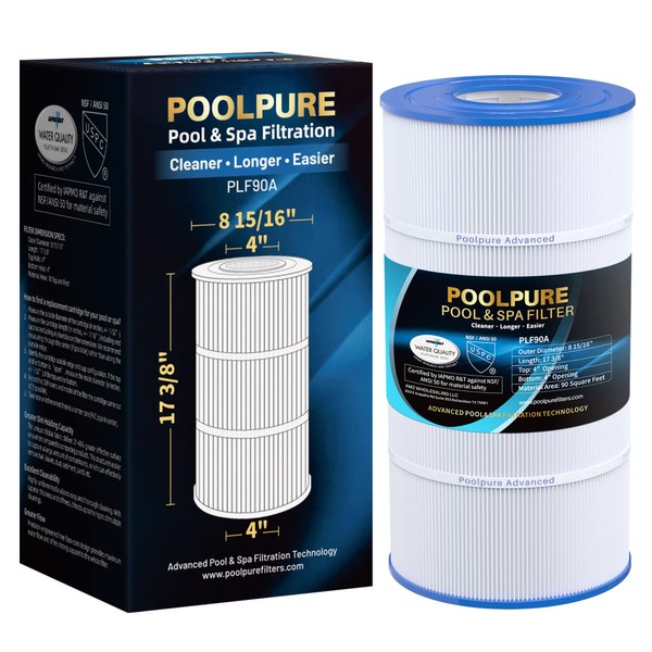 POOLPURE PLF90A Pool Filter Replaces Hayward C900, CX900RE, Pleatco PA90, Ultral-B6, Unicel C-8409, Filbur FC-1292, Sta-Rite PXC95, 90 sq.ft, L x OD: 17 3/8" x 8 15/16" 1 Pack