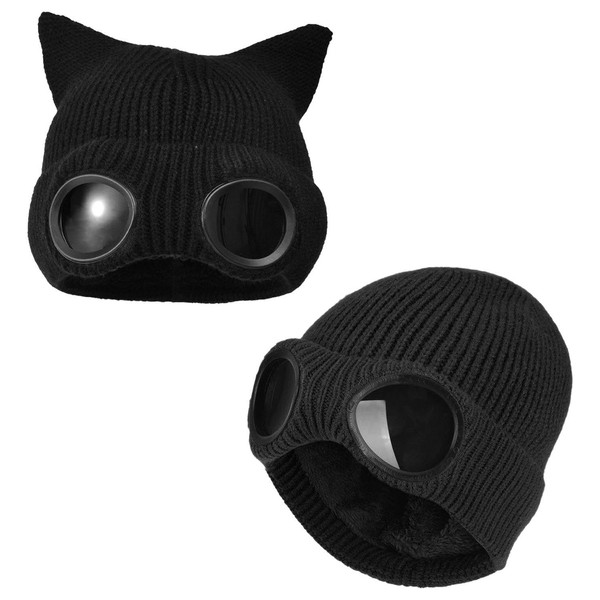 2 Pieces of Knitted Hats with Goggles, Ski Hats, Windproof