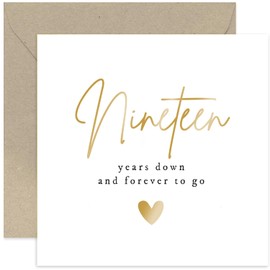 Old English Co. Nineteen Years Down Forever To Go Wedding Anniversary Card for Husband or Wife - Special Gold Foil 19th Anniversary Celebration Card - Nineteenth Anniversary | Blank Inside Envelope