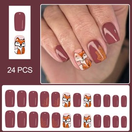 Red Brown Press on Nails Medium Square Acrylic Fake Nails with Cute Fox Designs Glossy Gel Glue on Nails Fall Squirrel False Nail Autumn Maple Leaf Stick on Nail for Women Manicure 24Pcs