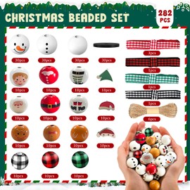 282 Pieces Christmas Snowman Beads Wooden Santa Claus Beads Ornament Round Winter Beads for Crafts Holiday Beads for DIY Garland Craft Making Party Home Holiday Decoration Tree Hanging