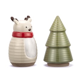 DEMDACO Snow Day Green, Brown, Red 6 x 2.5 Inch Stoneware Decorative Entertaining Countertop or Table Holiday Décor Salt and Pepper Shakers, 2 Piece Set, Reindeer, Tree