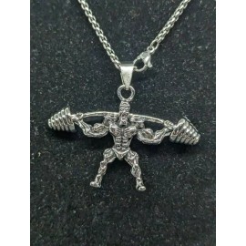 Unbranded Stainless Steel Necklace Weightlifting Powerlifting Barbell Pendant 22" Chain