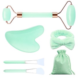 Nujvnuj 6-Piece Jade Gua Sha Stone Set, Face Roller, Beauty Massager for Skin Tightening, Jade Roller Massage Set for Anti-Ageing Wrinkles, Reduces Eye Puffiness (Green)