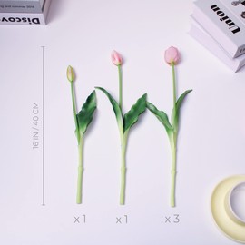 WAKISAKI 16-inch Premium Real Touch Fake Tulips Artificial Flowers with Buds, Flexible Stem Easy to Shape, Faux Tulips (Vase not Included), 5-Pack Set of Piggy Pink