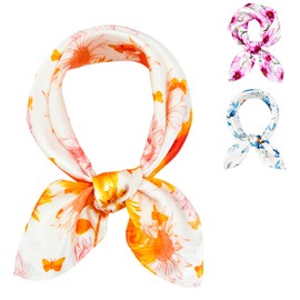 MANSPHIL 100% Mulberry Silk Neck Scarf Set of 3, 21"x21" Cosmos Sunflower Floral Women's Small Neckerchief Hair Wrap, Lightweight Headscarf Handbag Gift Packed