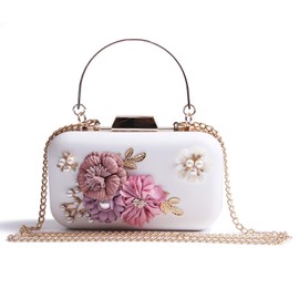 EVEOUT Flower Pearl Beads Wedding Handbag for Brides Ladies Leather Evening Clutch Prom Party Bag for Women Small Shoulder Bag Purses for Girls, White (with metal handle, cotton lining), One Size