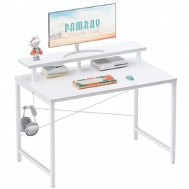 Pamray 32 Inch Small Computer Desk with Monitor Stand, Simple Office Desk with Headphone Hook for Small Spaces, Kids Study Writing Table for Bedroom, White