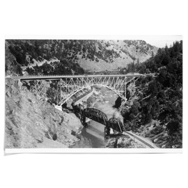 Lantern Press 36x54 Inch Giclee Print, Pulga, California, Aerial of Train on Bridge over Feather River Canyon