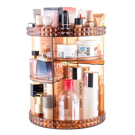 V-HANVER 360 Rotating Makeup Organizer Perfume Organizer Coffee Color Cosmetic Storage Display Case Large Capacity Beauty Holder Adjustable Partition Height for Bedroom Dresser or Bathroom Vanity