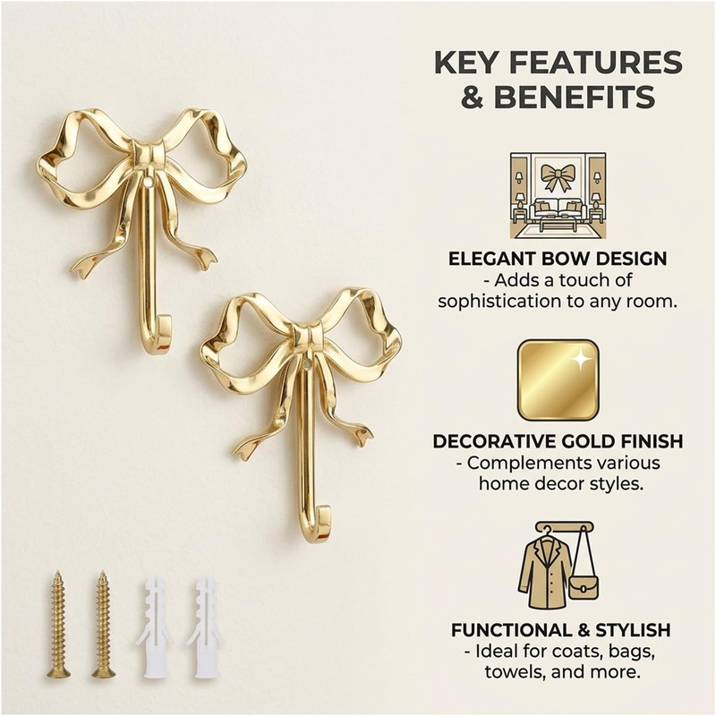 Tniytru Gold Hooks, 2 Pieces Elegant Bow Knot Wall Hooks