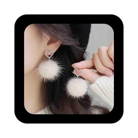 Vacaonio Winter CZ Heart Pom Pom Earrings White Fluffy Stud Earrings Crystal Heart Pom Pom Ball Earrings Faux Fur Ball Dangle Earrings Fluffy Pom Earrings Jewelry for Women