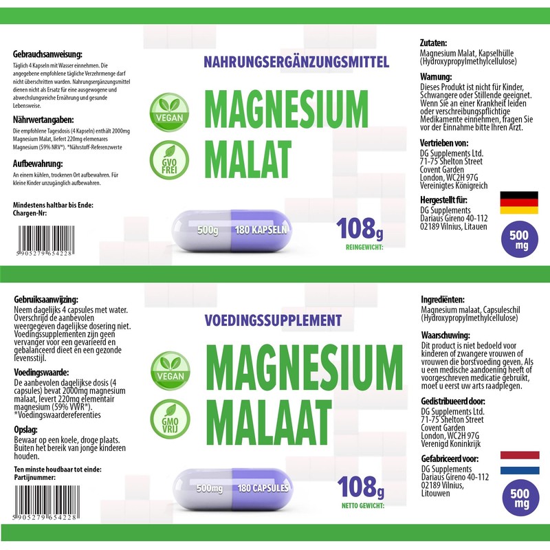 Magnesium Malate 2000 mg per serving 180 vegan capsules, laboratory
