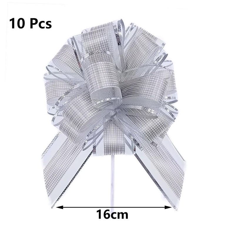 Ainmto 10Pcs Large Pull Bows(6 Inch),Silver Organza Pull Bows for