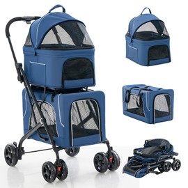 HAPPAWS Pet Stroller with Detachable Pet Carriers, Foldable Cage for Small & Medium Pets, 4-in-1 Dog Stroller Cat Travel Car Seat for Doggy, Kitty, Bunny, Navy Blue
