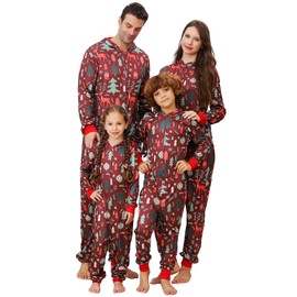 Matching Christmas Onesie Pajamas for Family, Adult Onesie Xmas Pjs with Zipper Holiday Loungewear One Piece Hooded Christmas Onesie Sleepwear for Couples/Women/Men (Youth,6-8T,Red Deer)
