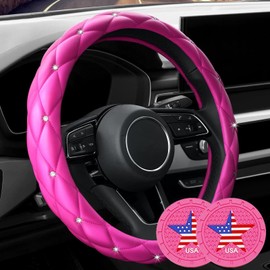 Pink Steering Wheel Cover with Rhinestone Pink Car Accessories for Women fit Universal 14.5-15 Inch.(H-Rose Red-DZ)
