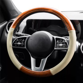 XUKEY Beige Leather Car Auto Steering Wheel Cover Wood Grain Breathable Anti-slip