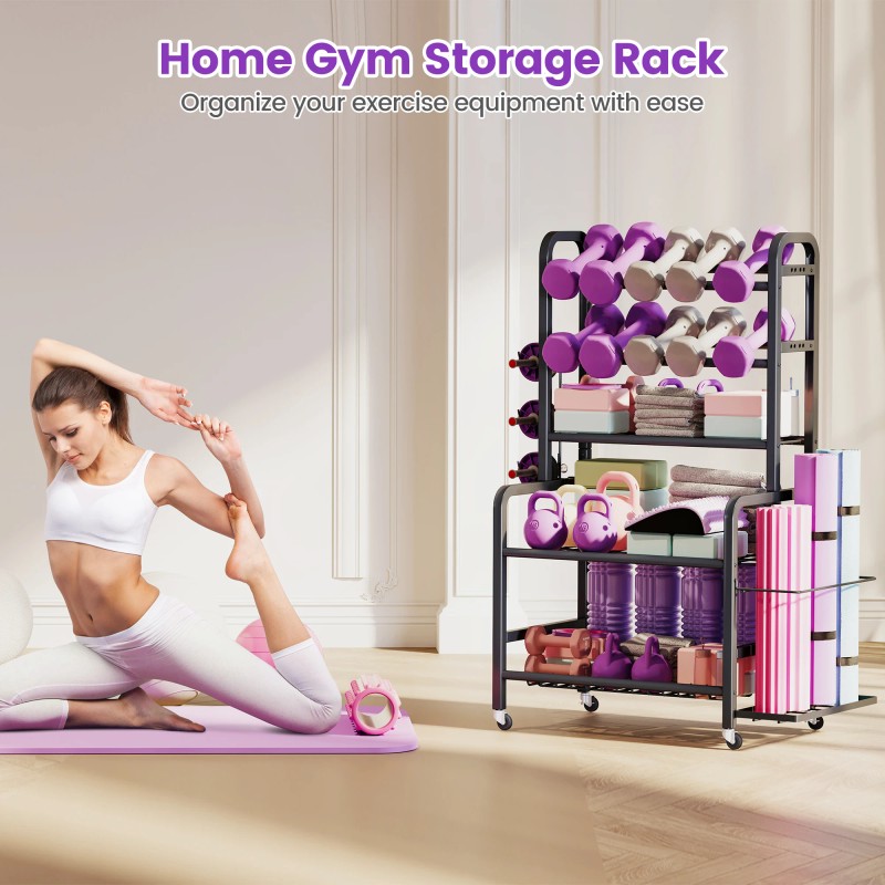 All-in-One Dumbbell Rack with Lockable Wheels,Mobile Fitness Equipment Organizer Stand