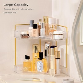Vorey Bathroom Countertop Organizer 2 Tier Corner Makeup Organizer Countertop Perfume Tray Skincare Storage Cosmetic Organizer Bathroom Counter Shelf for Bathroom, Gold