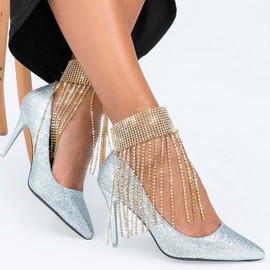 ELABEST Rhinestone Ankle Bracelets Crystal Tassel Anklet 2pcs Glitter Tennis Foot Chain Wedding Jewelry Accessories For Women(Gold)