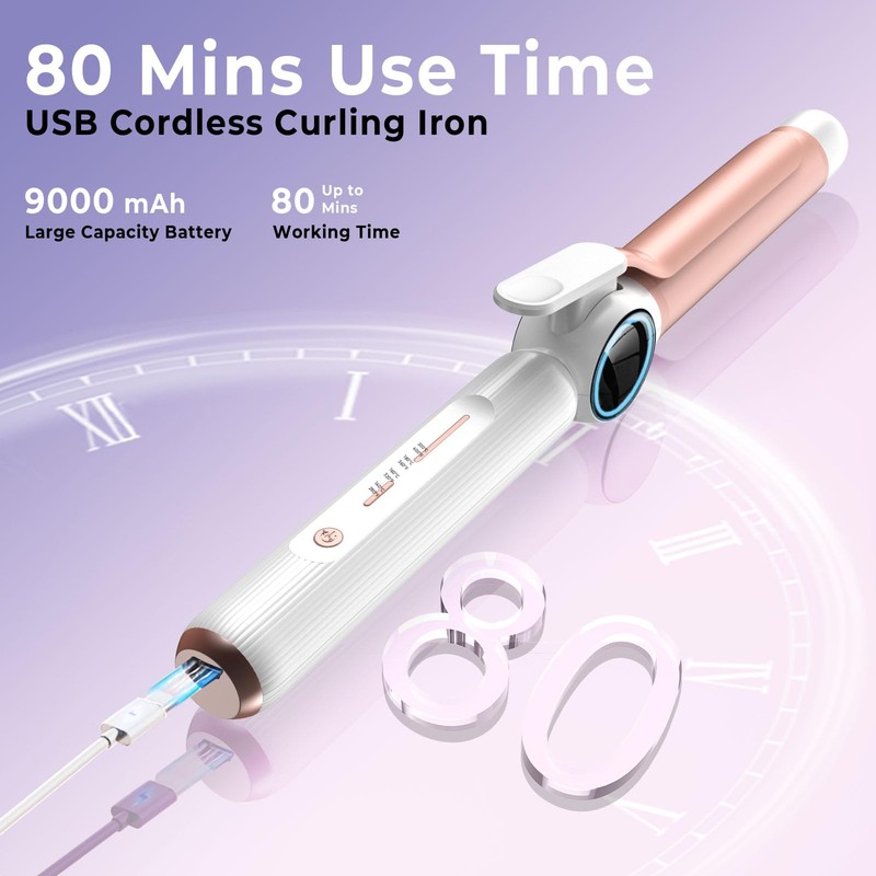 Cordless Curling Iron 9000 mAhUSB Rechargeable, 4 Temps Setting Cordless