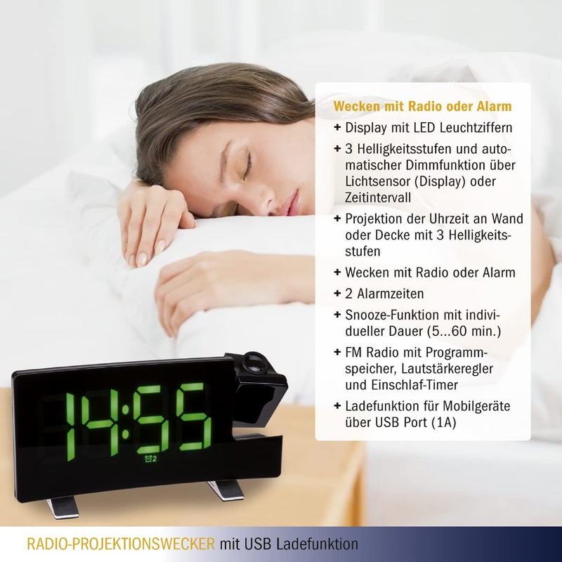 TFA Dostmann 60.5015.04 Projection Alarm Clock with FM Radio, 2