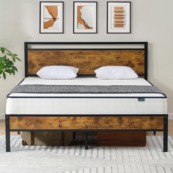 Z-hom Queen Bed Frame with Modern Wood Headboard & Footboard,